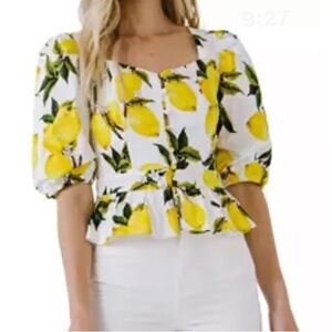 English Factory retro lemon print peplum puff sleeve top blouse size M